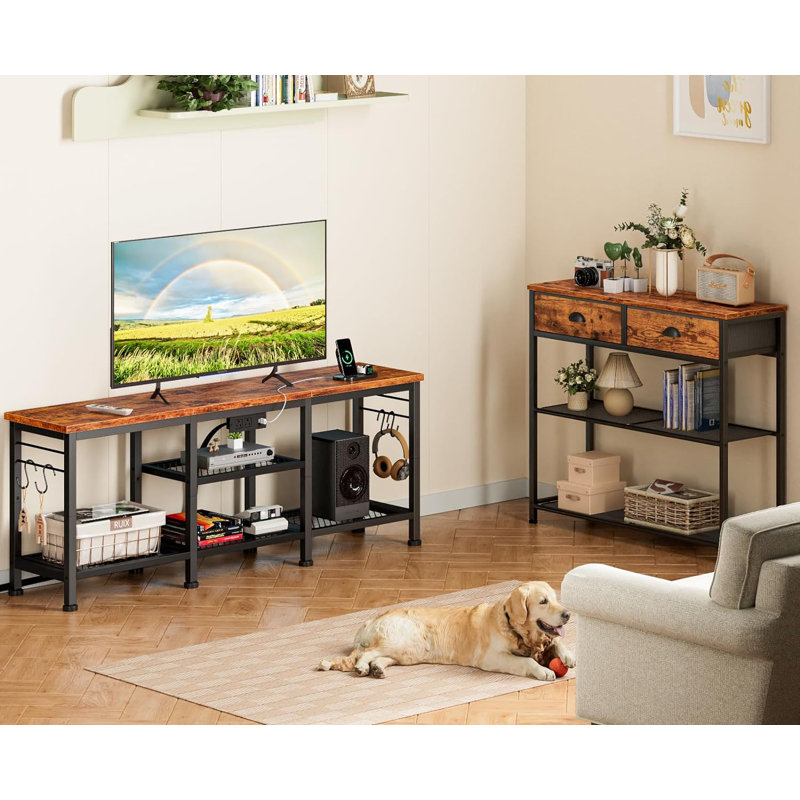 17 Stories TV Stand With Power Outlets Entertainment Center With Open Storage Shelves For Tvs Up To 55 Inch TV Media Console Table With Soundbar Shelf For Living Room Bedroom Rustic Brown Wayfair